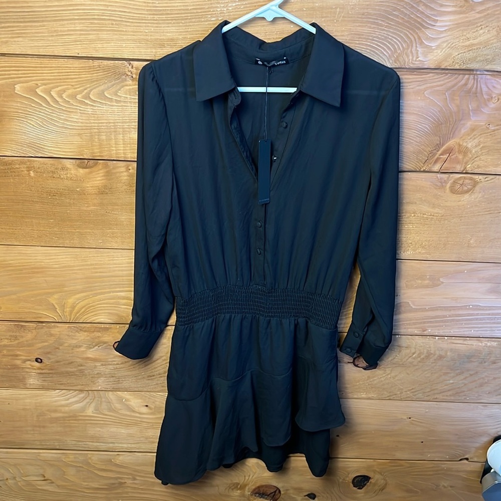 KRISA REVOLVE Ruffle Draped Mini Dress Long Sleeve XS Black oversized cocktail